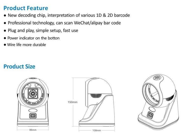 Top Quality Fast Scanning 2D Desktop Omnidirectional QR Bar Code Barcode Scanner