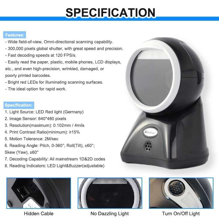 1g CPU Desktop 2D Qr Code Barcode Scanner with Global Shutter